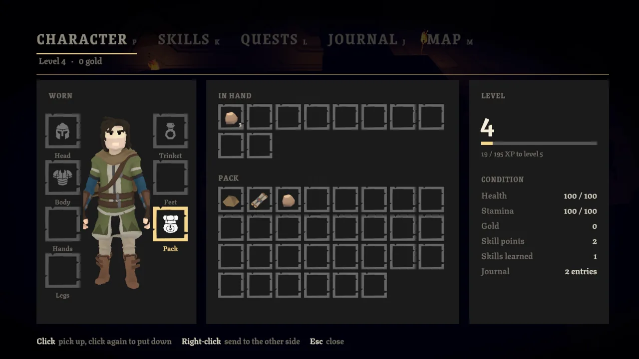 The character screen with the player's pack and carried items.