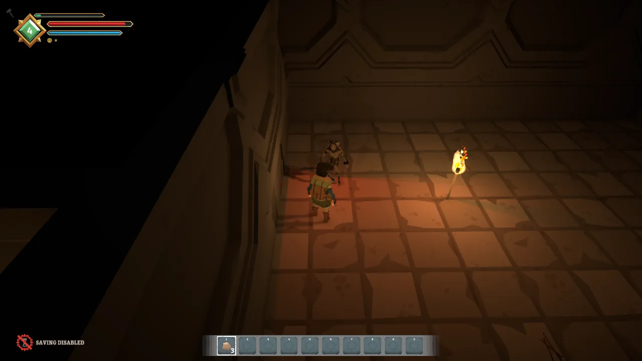 The player crouched behind a guard in a torch-lit corridor.